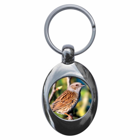 A picture of the front of the product, titled Dunnock Metal Keyring With Trolley Coin