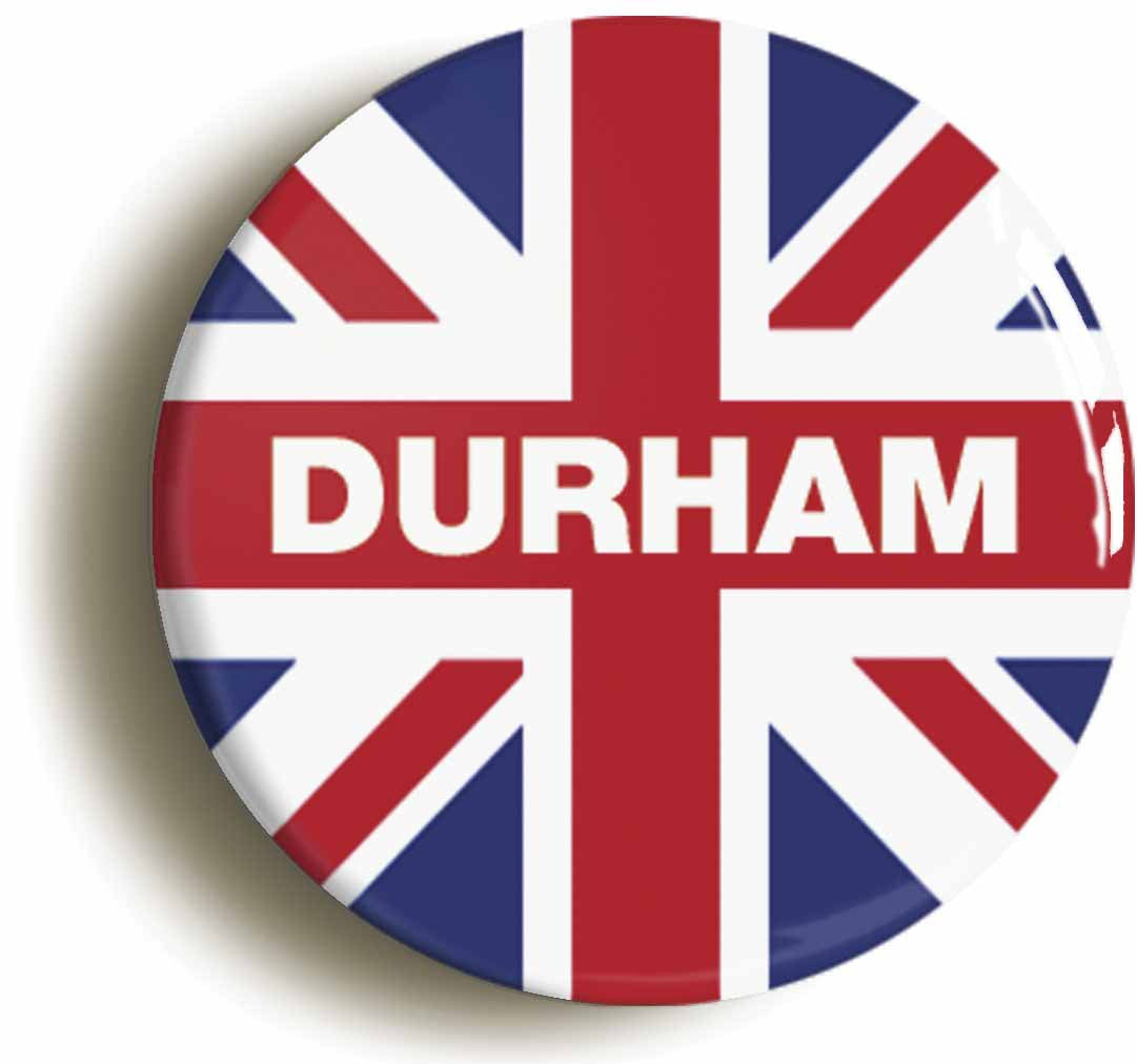 A picture of the front of the product, titled Durham Union Jack Button Pin Badge