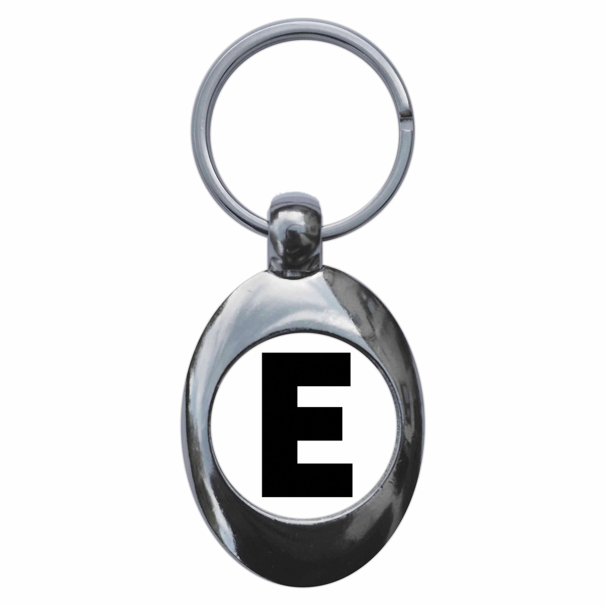 A picture of the front of the product, titled Letter E Metal Keyring With Trolley Coin