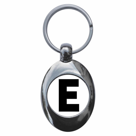 A picture of the front of the product, titled Letter E Metal Keyring With Trolley Coin