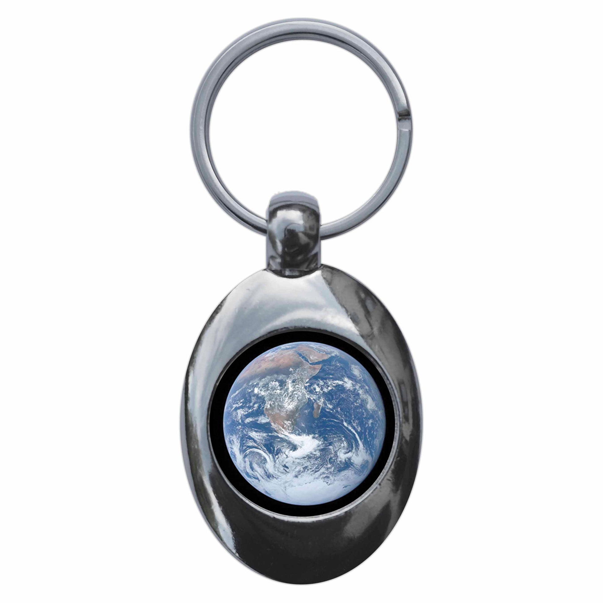 A picture of the front of the product, titled Planet Earth Metal Keyring With Trolley Coin