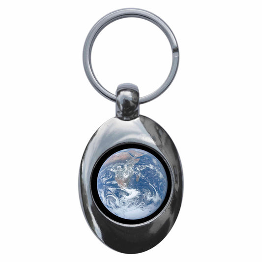 A picture of the front of the product, titled Planet Earth Metal Keyring With Trolley Coin