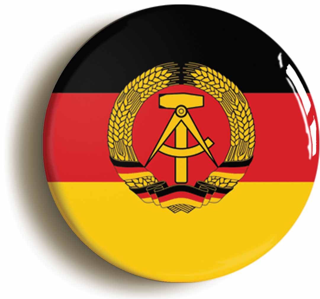 A picture of the front of the product, titled East Germany GDR National Flag Button Pin Badge