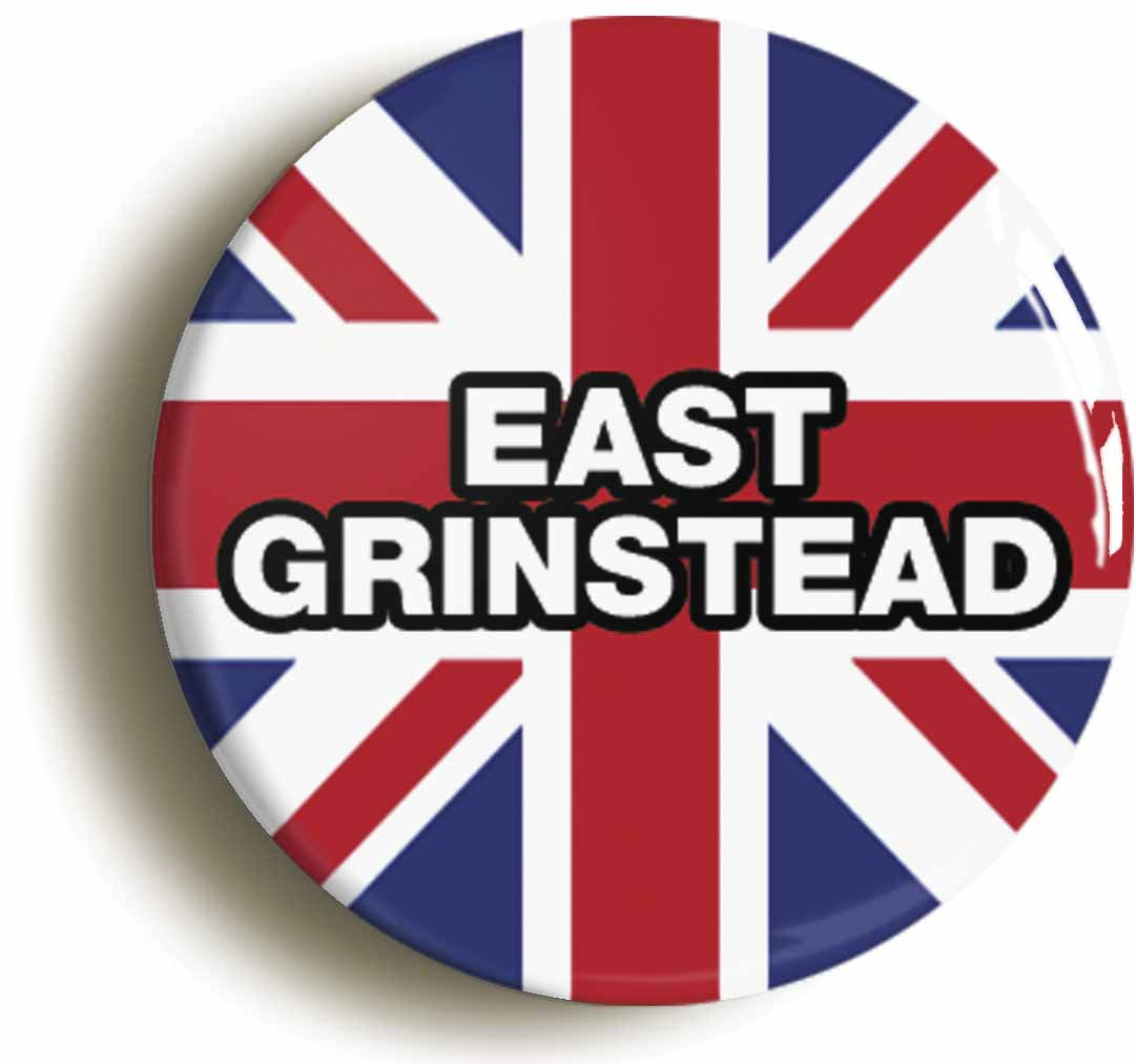 A picture of the front of the product, titled East Grinstead Union Jack Button Pin Badge