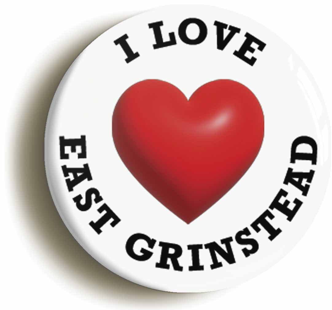 A picture of the front of the product, titled I Heart Love East Grinstead Location Circular 50mm Fridge Magnet