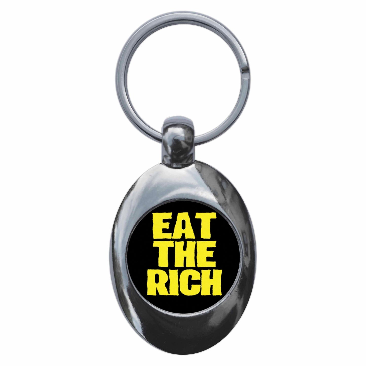 A picture of the front of the product, titled Eat The Rich Punk Metal Keyring With Trolley Coin
