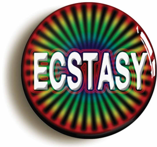 A picture of the front of the product, titled Ecstasy Retro Eighties Acid House Rave Button Pin Badge