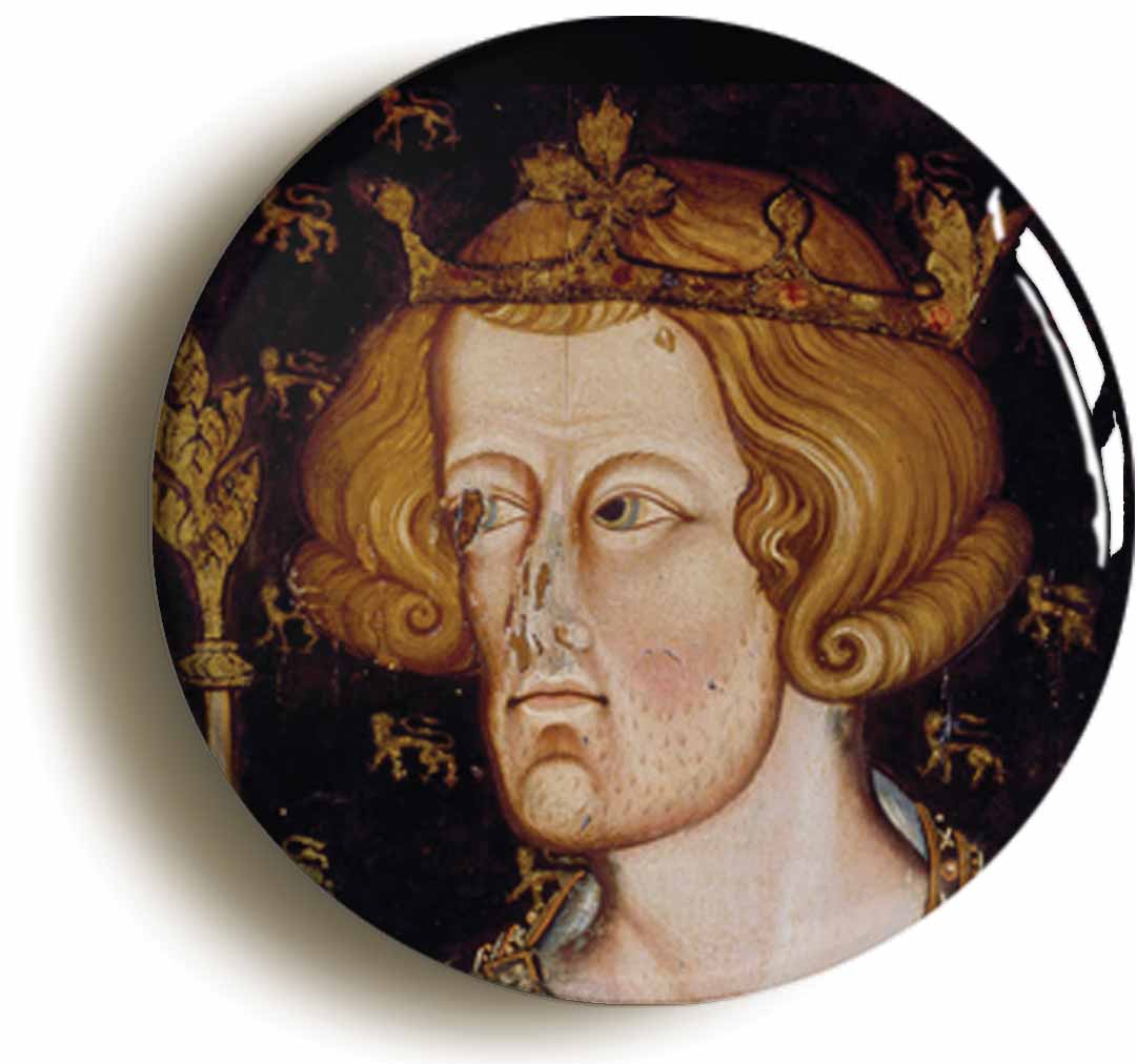 A picture of the front of the product, titled King Edward I Portrait Button Pin Badge