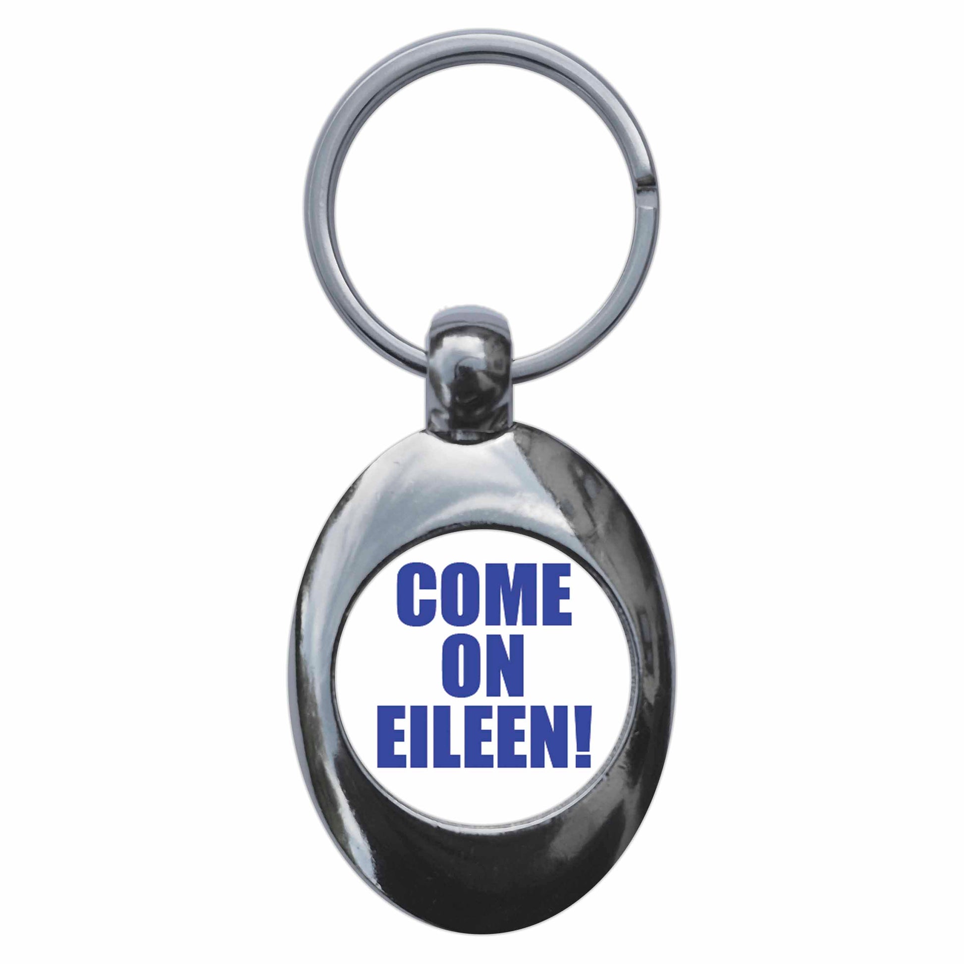 A picture of the front of the product, titled Come On Eileen Metal Keyring With Trolley Coin