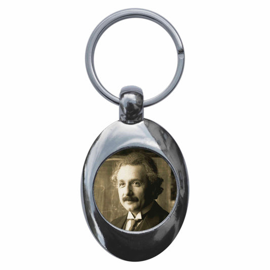 A picture of the front of the product, titled Scientist Einstein Metal Keyring With Trolley Coin
