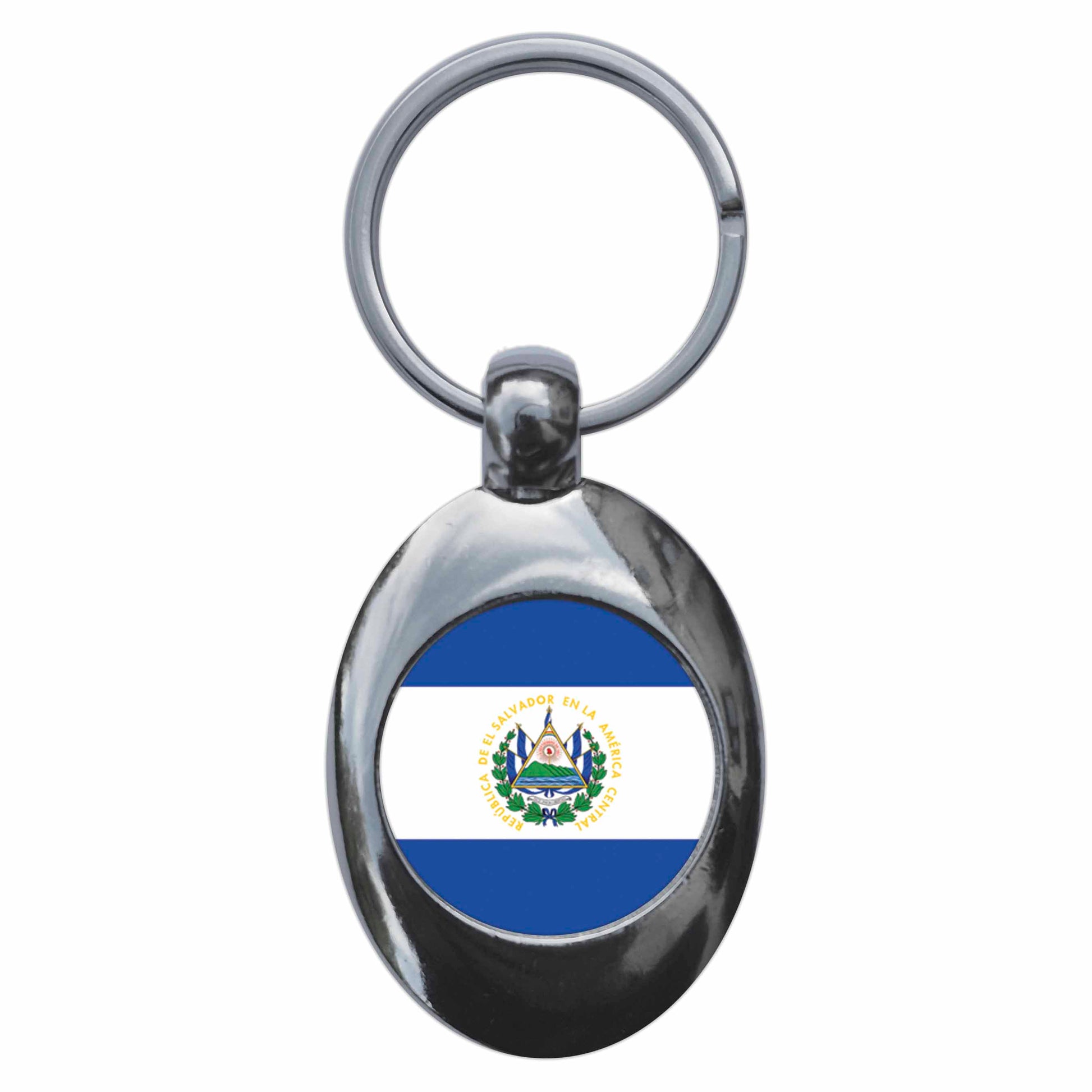 A picture of the front of the product, titled El Salvador Salvadoran National Flag Metal Keyring With Trolley Coin