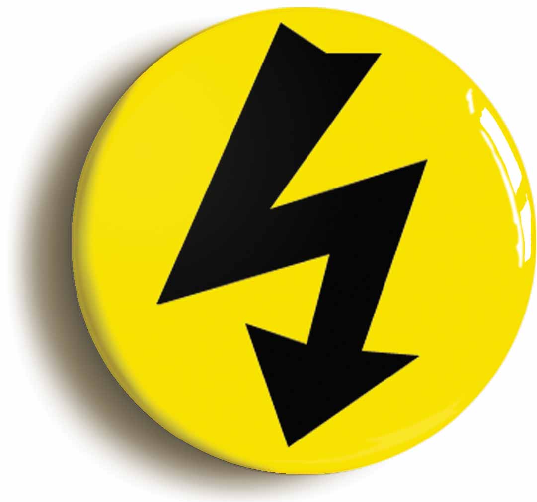 A picture of the front of the product, titled Electricity Hazard Science Geek Button Pin Badge