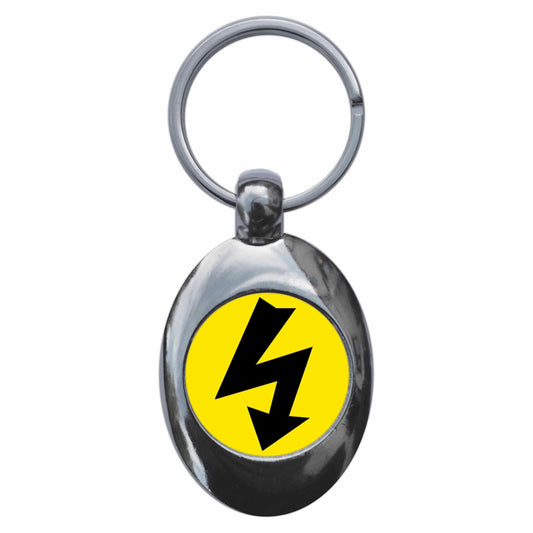 A picture of the front of the product, titled Eletrical Hazard Metal Keyring With Trolley Coin