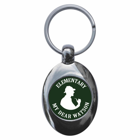 A picture of the front of the product, titled Sherlock Holmes Elementary My Dear Watson Metal Keyring With Trolley Coin