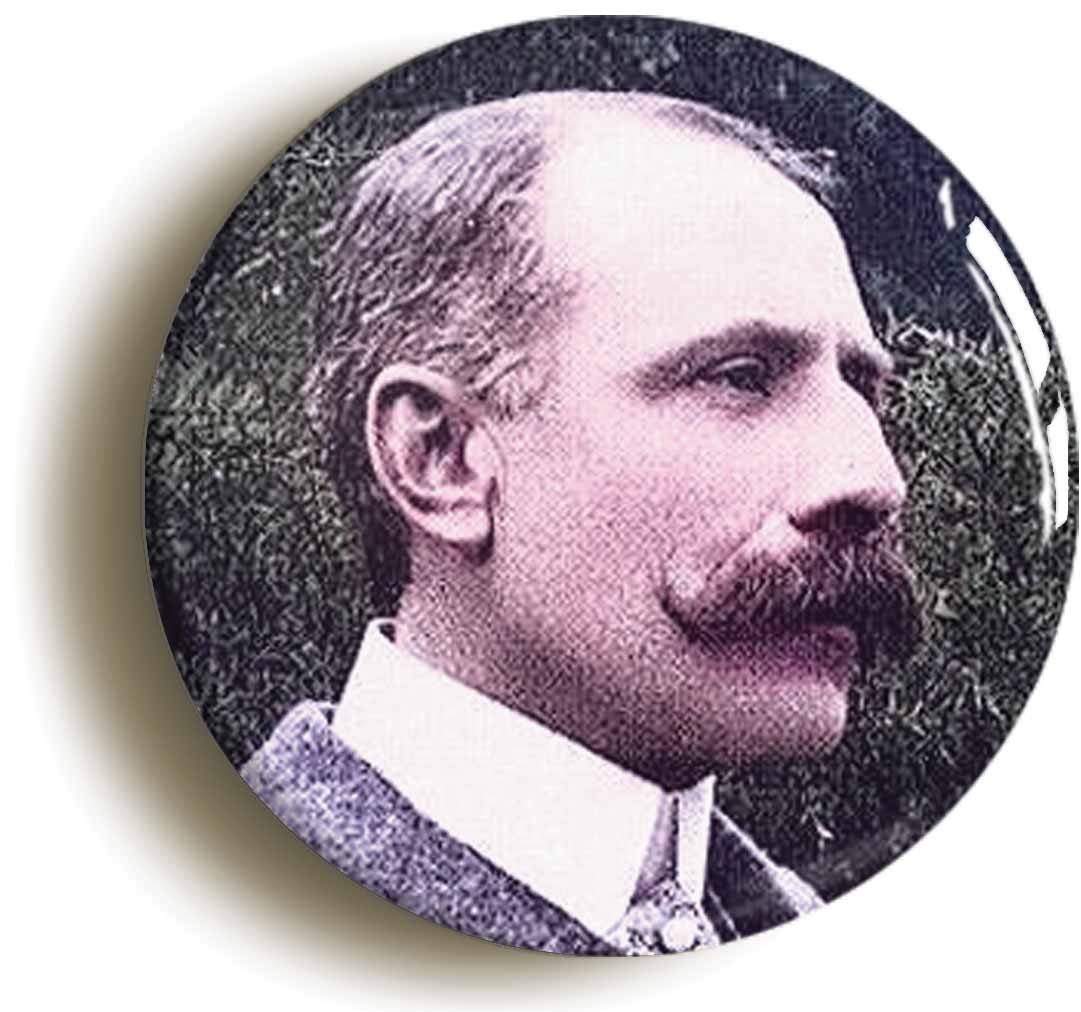 A picture of the front of the product, titled Sir Edward Elgar Romantic Classical Music Button Pin Badge