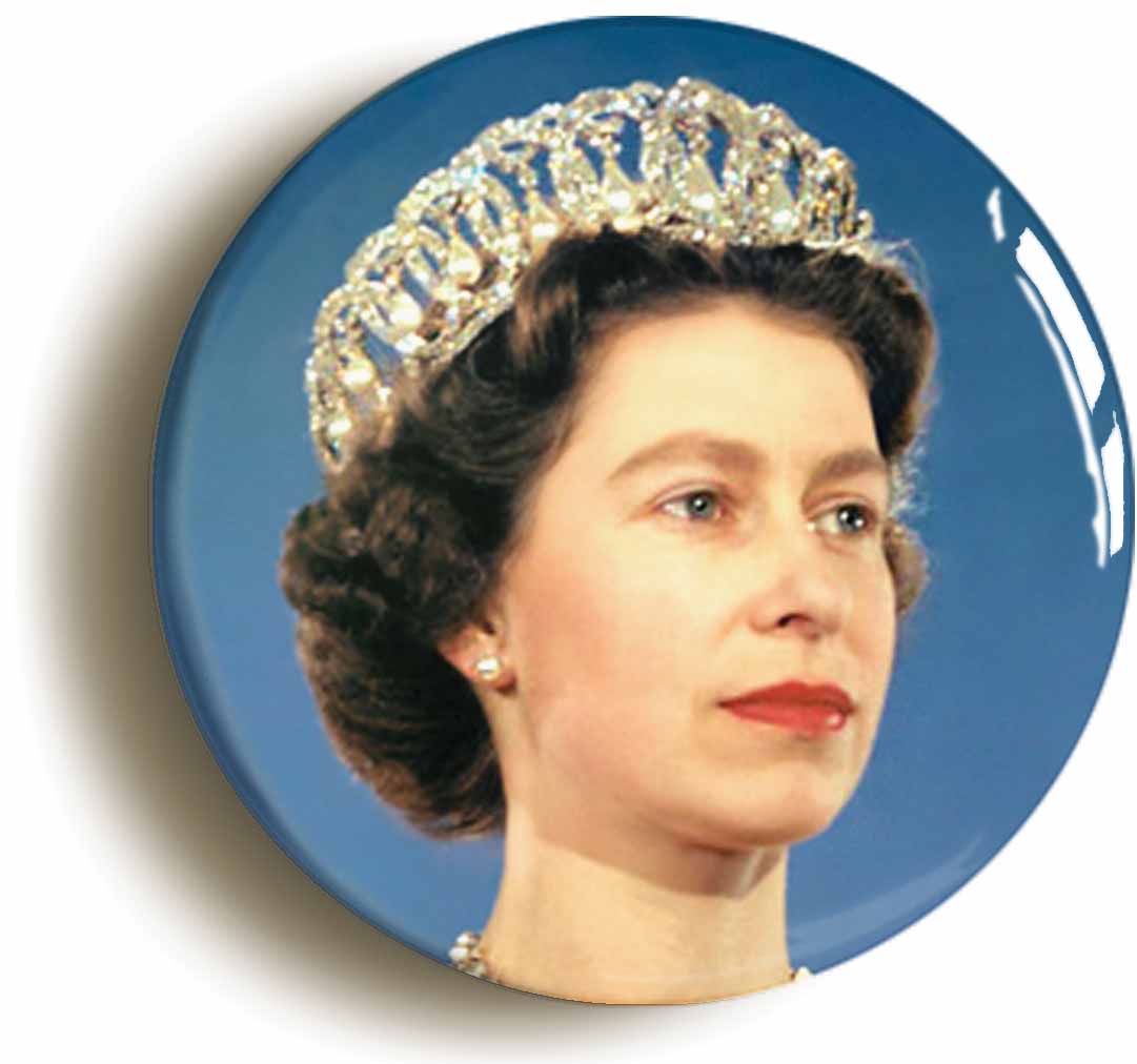 A picture of the front of the product, titled Queen Elizabeth II Portrait Button Pin Badge