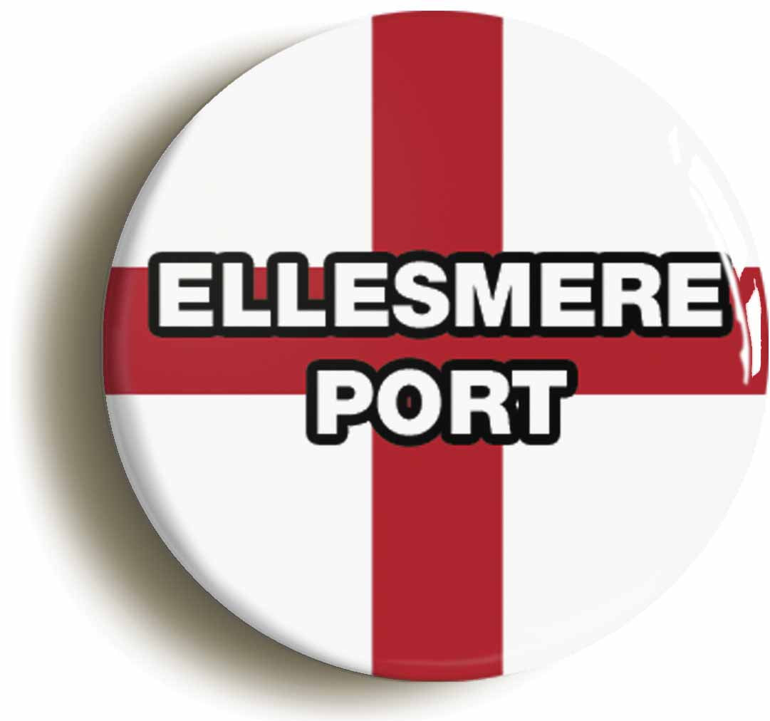 A picture of the front of the product, titled Ellesmere Port England Flag Circular 50mm Fridge Magnet