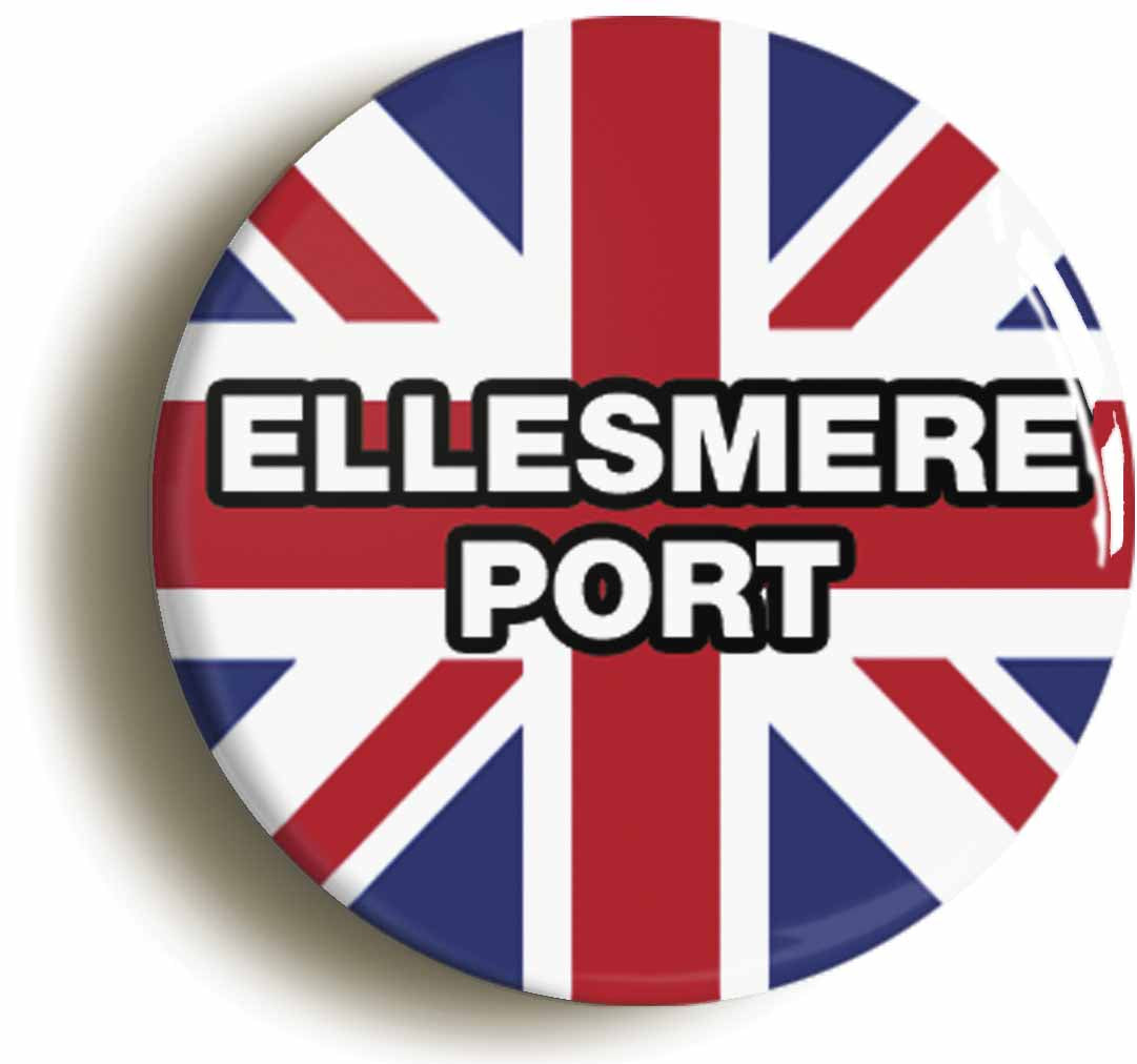 A picture of the front of the product, titled Ellesmere Port Union Jack Button Pin Badge