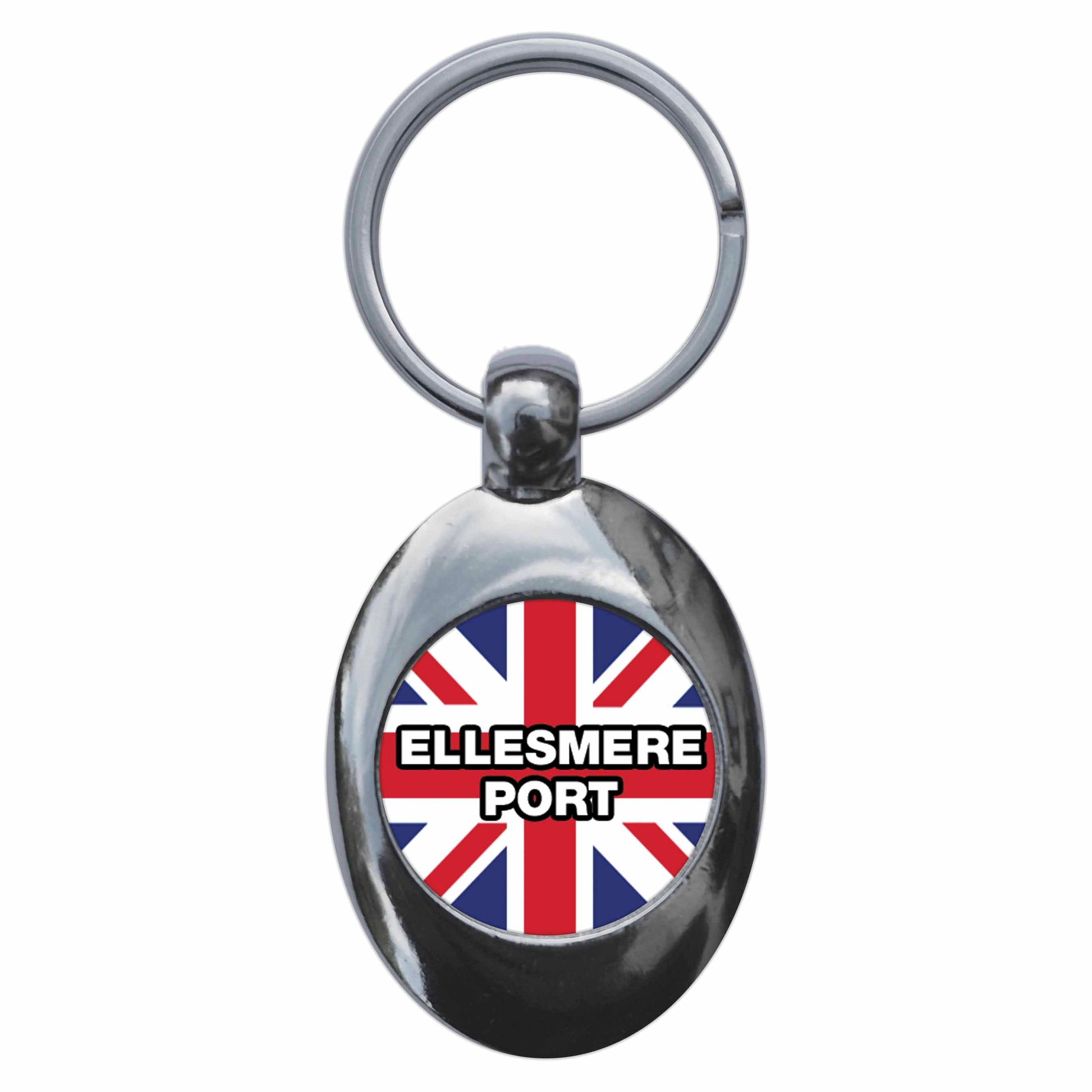 A picture of the front of the product, titled Ellesmere Port Union Jack Metal Keyring With Trolley Coin