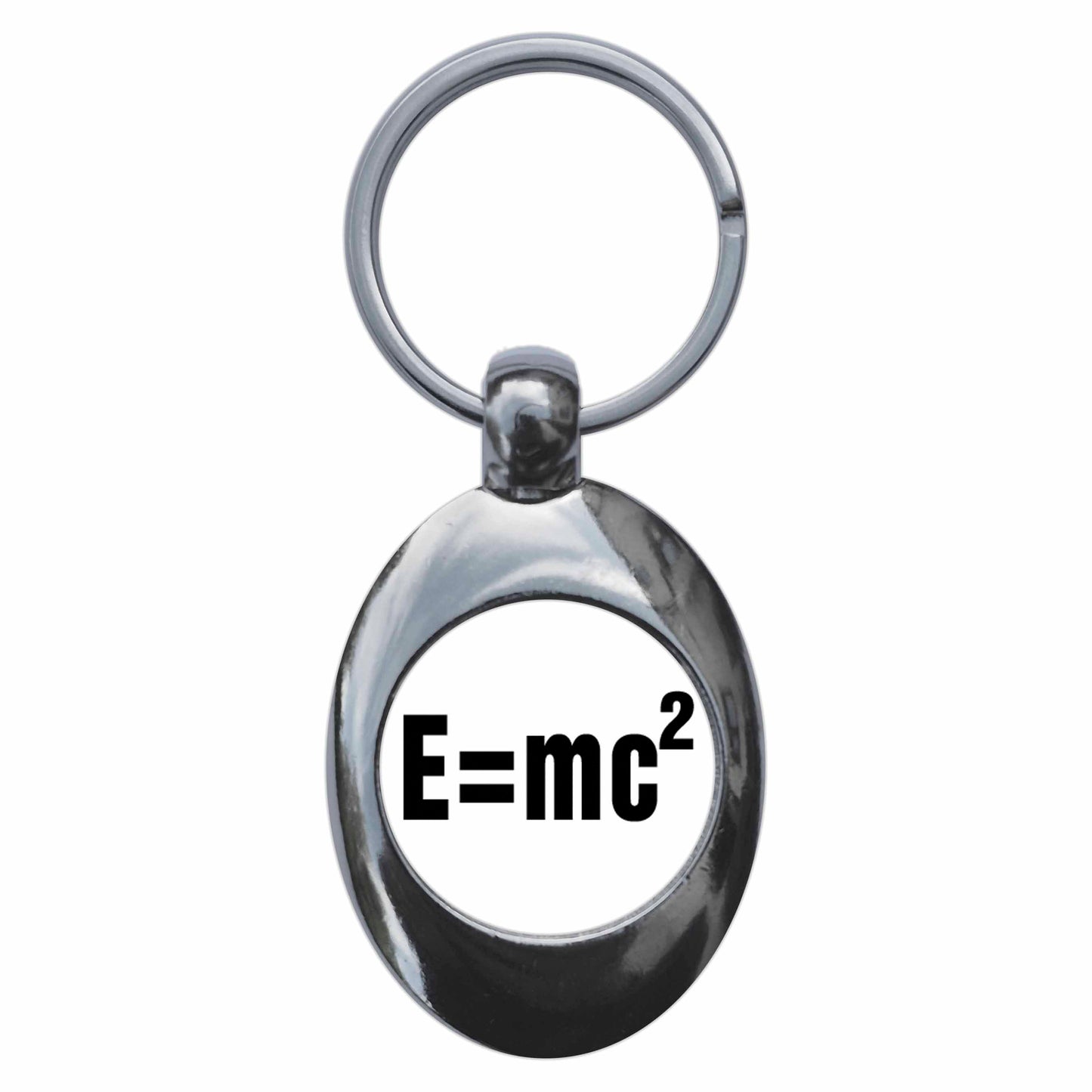 A picture of the front of the product, titled E=MC2 Relativity Equation Metal Keyring With Trolley Coin