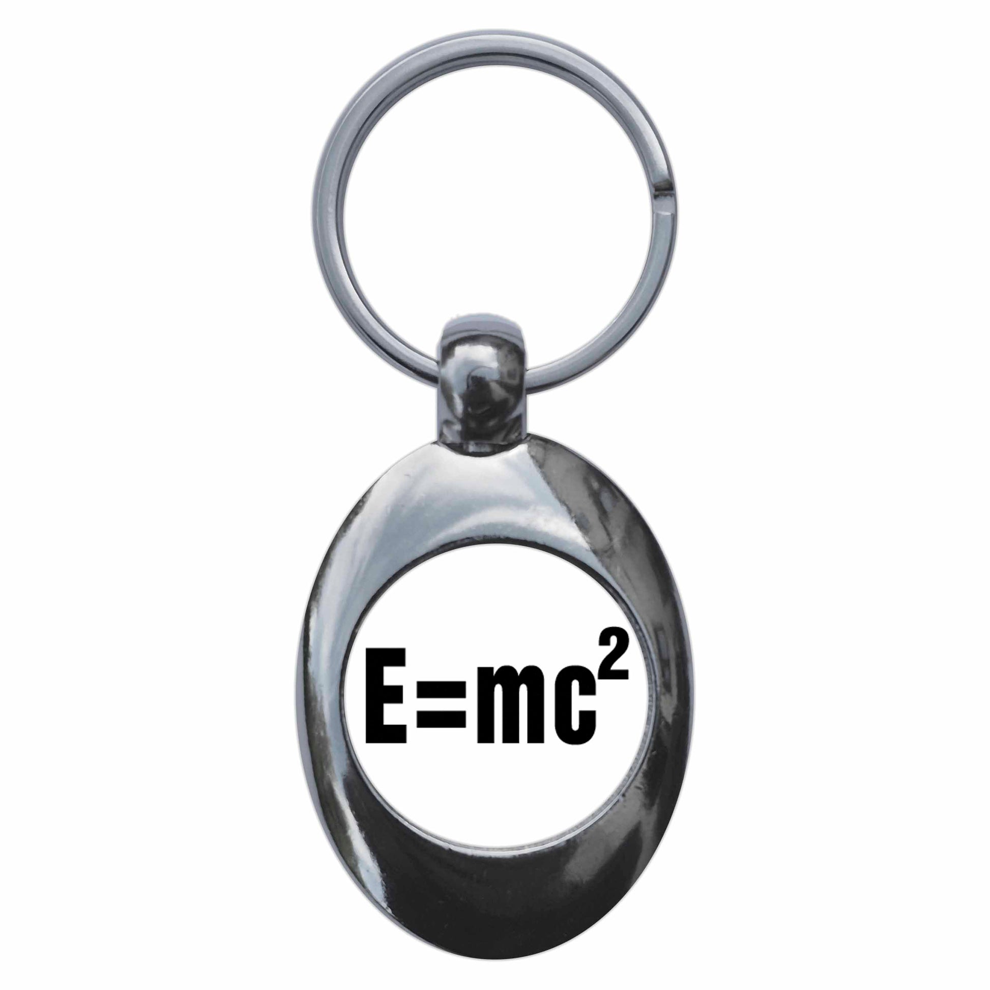 A picture of the front of the product, titled E=MC2 Relativity Equation Metal Keyring With Trolley Coin