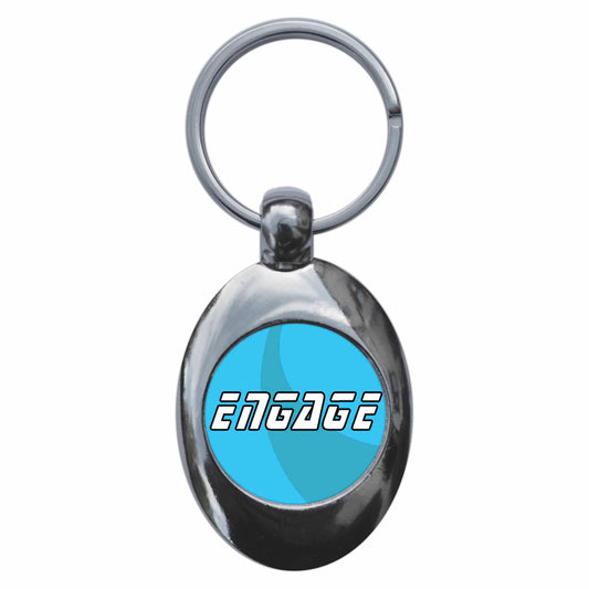 A picture of the front of the product, titled Engage Metal Keyring With Trolley Coin