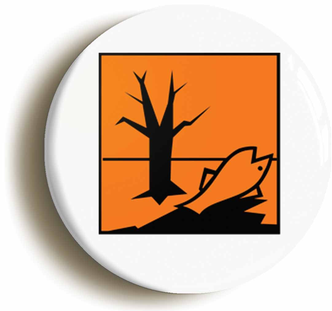 A picture of the front of the product, titled Harmful To Environment Hazard Science Button Pin Badge