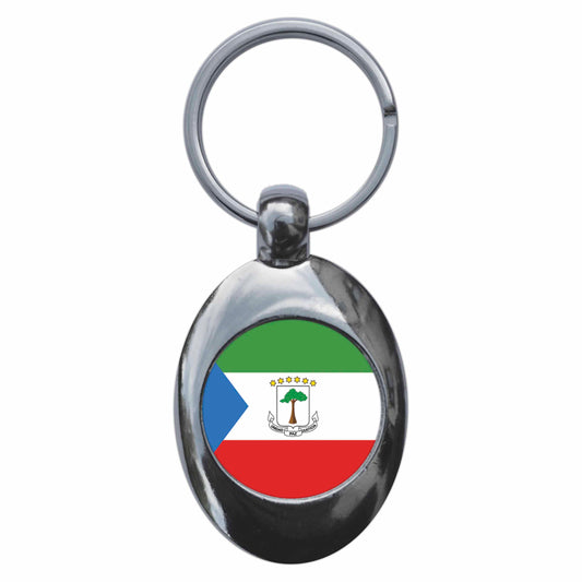 A picture of the front of the product, titled Equatorial Guinea Guinean National Flag Metal Keyring With Trolley Coin