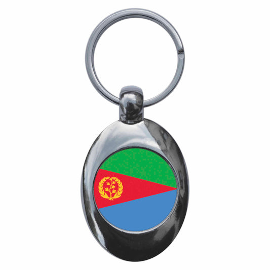 A picture of the front of the product, titled Eritrea Eritrean National Flag Metal Keyring With Trolley Coin