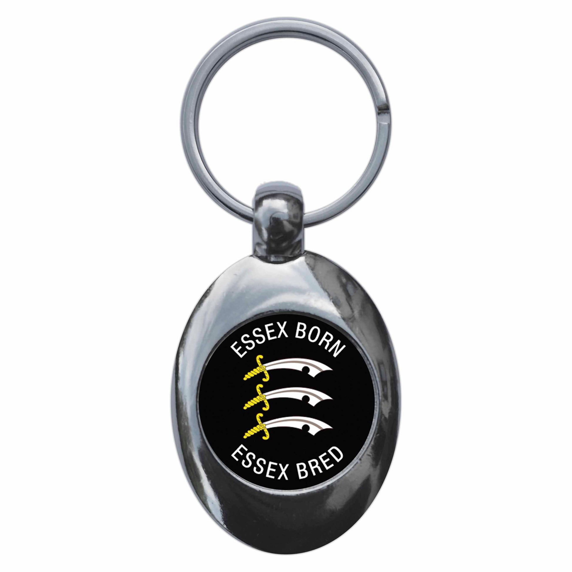 A picture of the front of the product, titled Essex Born Essex Bred Metal Keyring With Trolley Coin