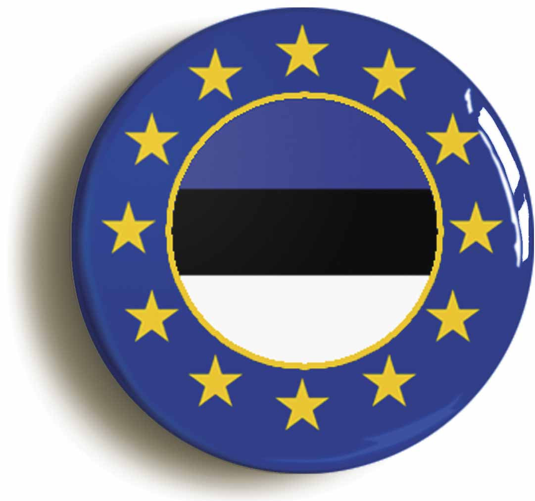 A picture of the front of the product, titled Estonia European Union Split Flag Circular 50mm Fridge Magnet