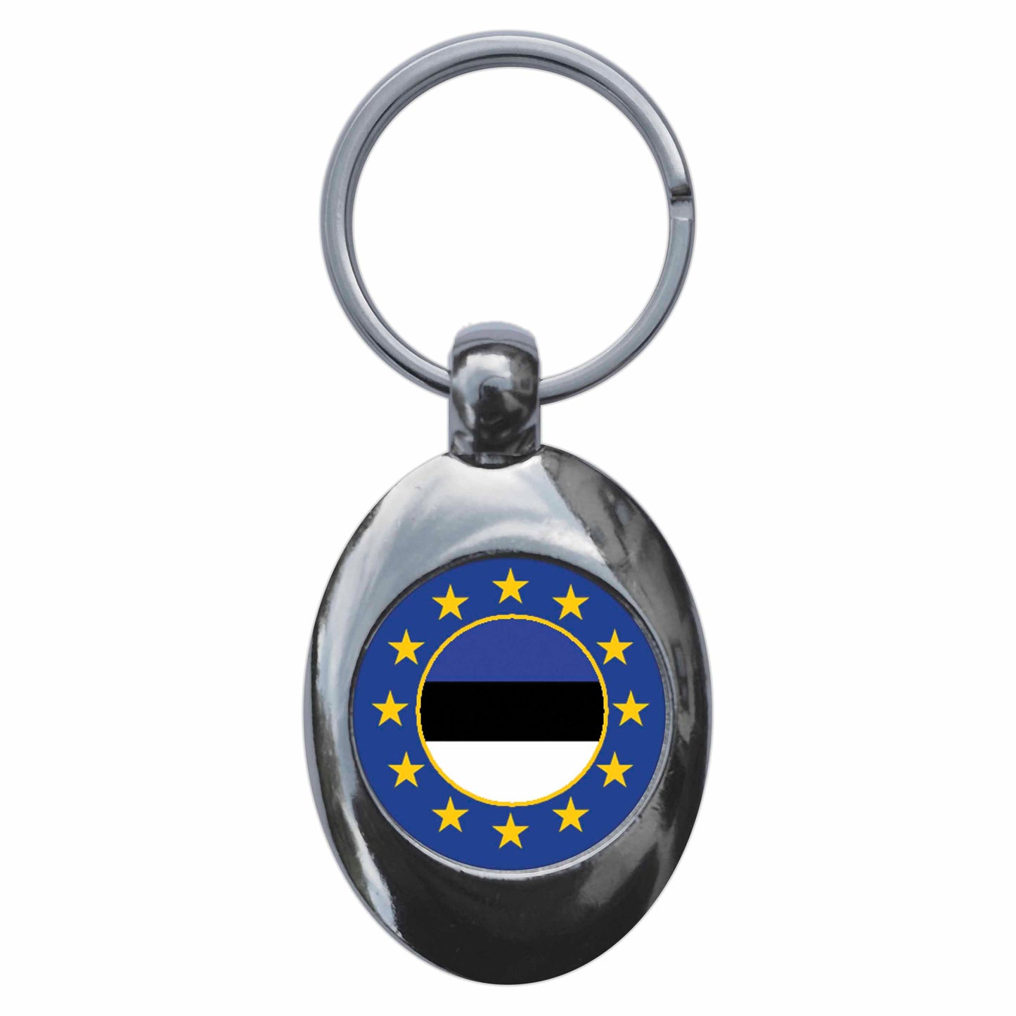 A picture of the front of the product, titled Estonia European Union Split Flag Metal Keyring With Trolley Coin