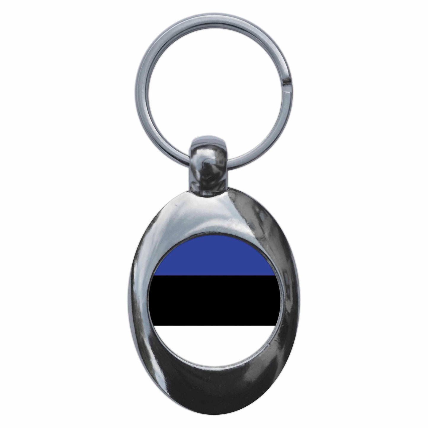 A picture of the front of the product, titled Estonia Estonian National Flag Metal Keyring With Trolley Coin