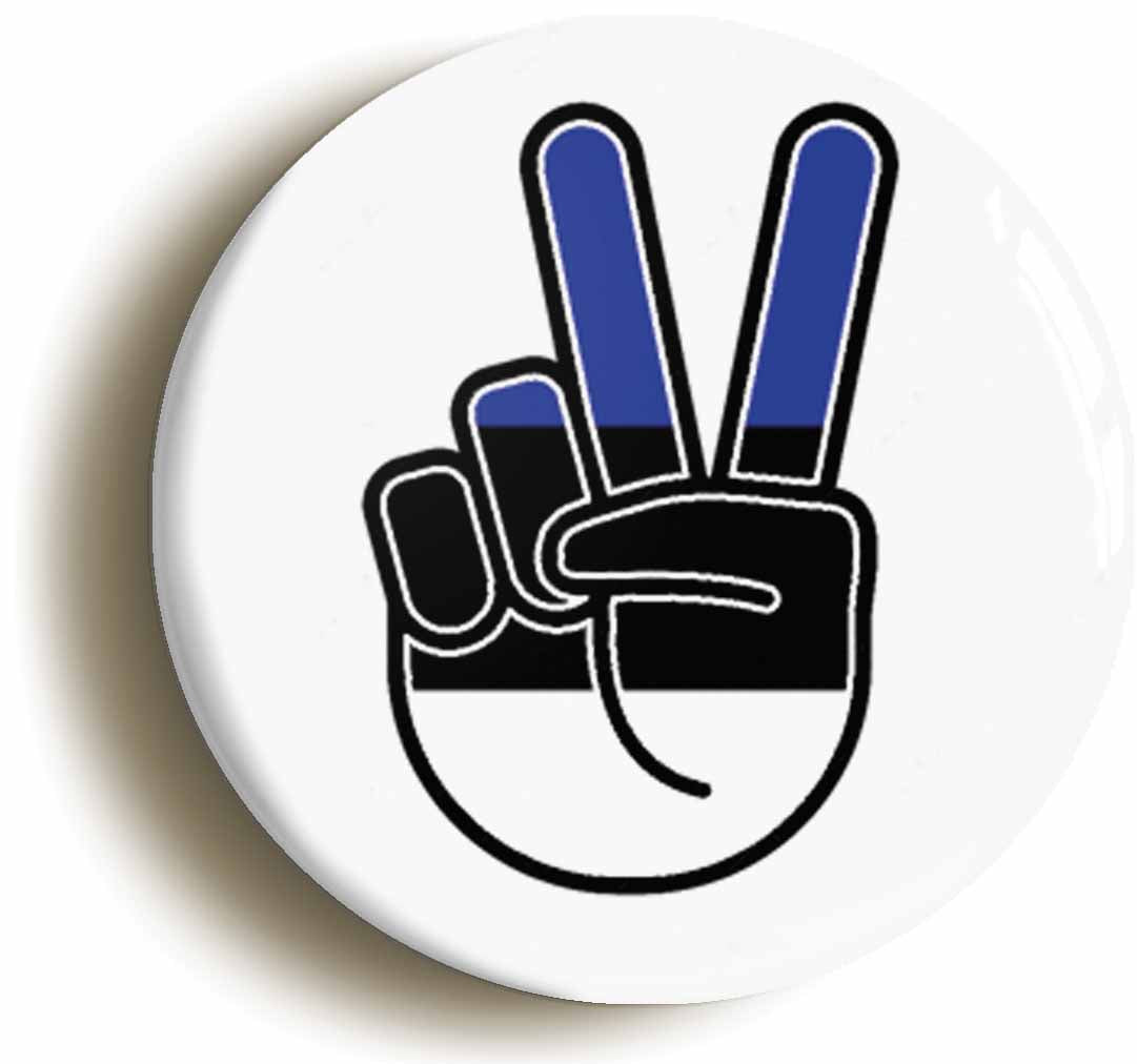 A picture of the front of the product, titled Estonia Estonian National Flag Peace Sign V Button Pin Badge