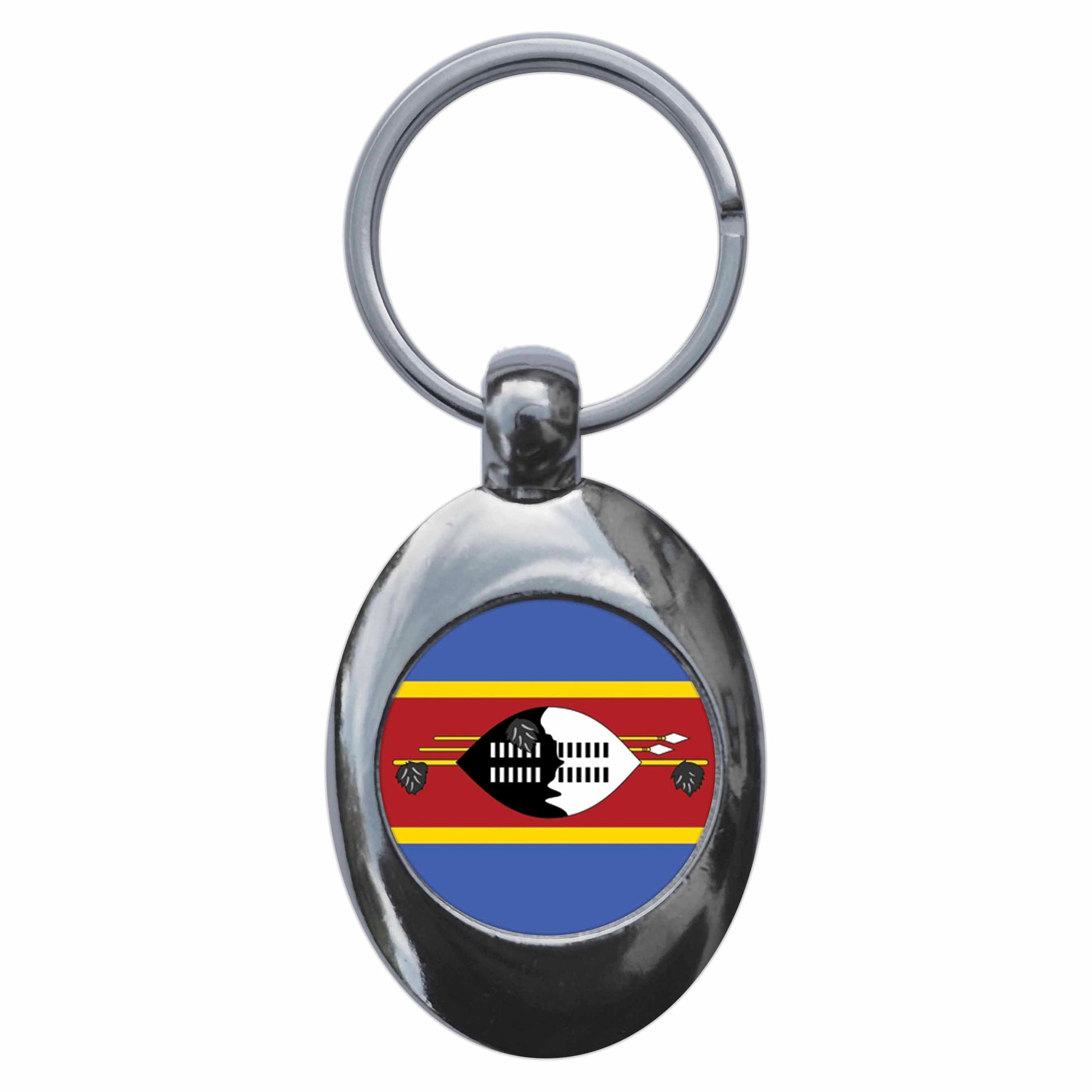 A picture of the front of the product, titled Eswatini Swaziland National Flag Metal Keyring With Trolley Coin