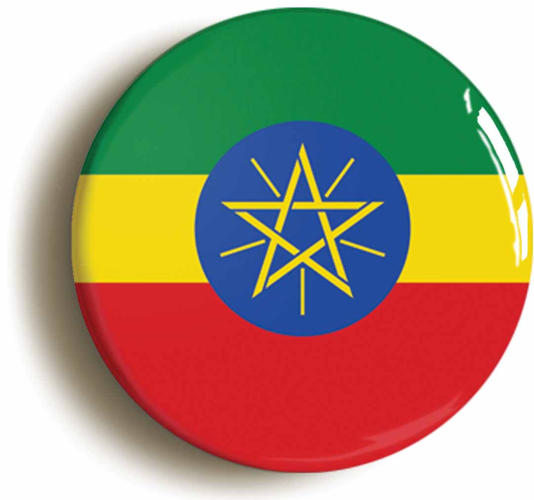 A picture of the front of the product, titled Ethiopia Ethiopian National Flag Circular 50mm Fridge Magnet