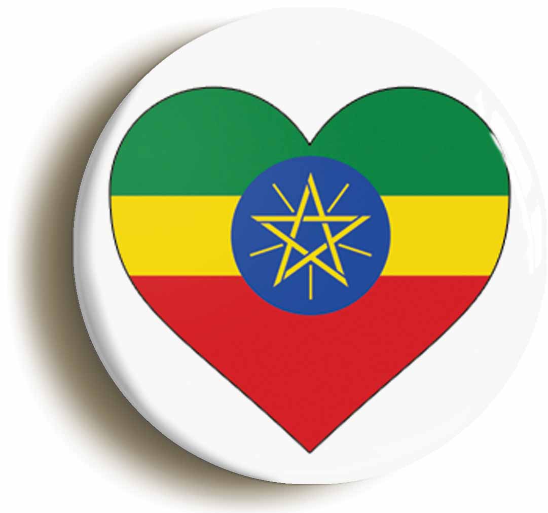 A picture of the front of the product, titled Ethiopia Ethiopian National Flag Heart Button Pin Badge