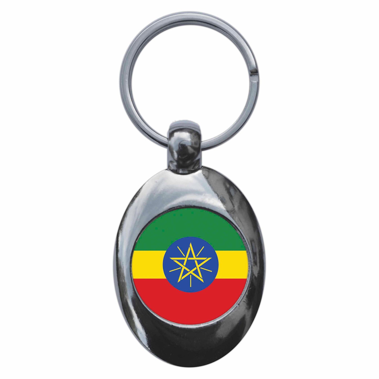 A picture of the front of the product, titled Ethiopia Ethiopian National Flag Metal Keyring With Trolley Coin