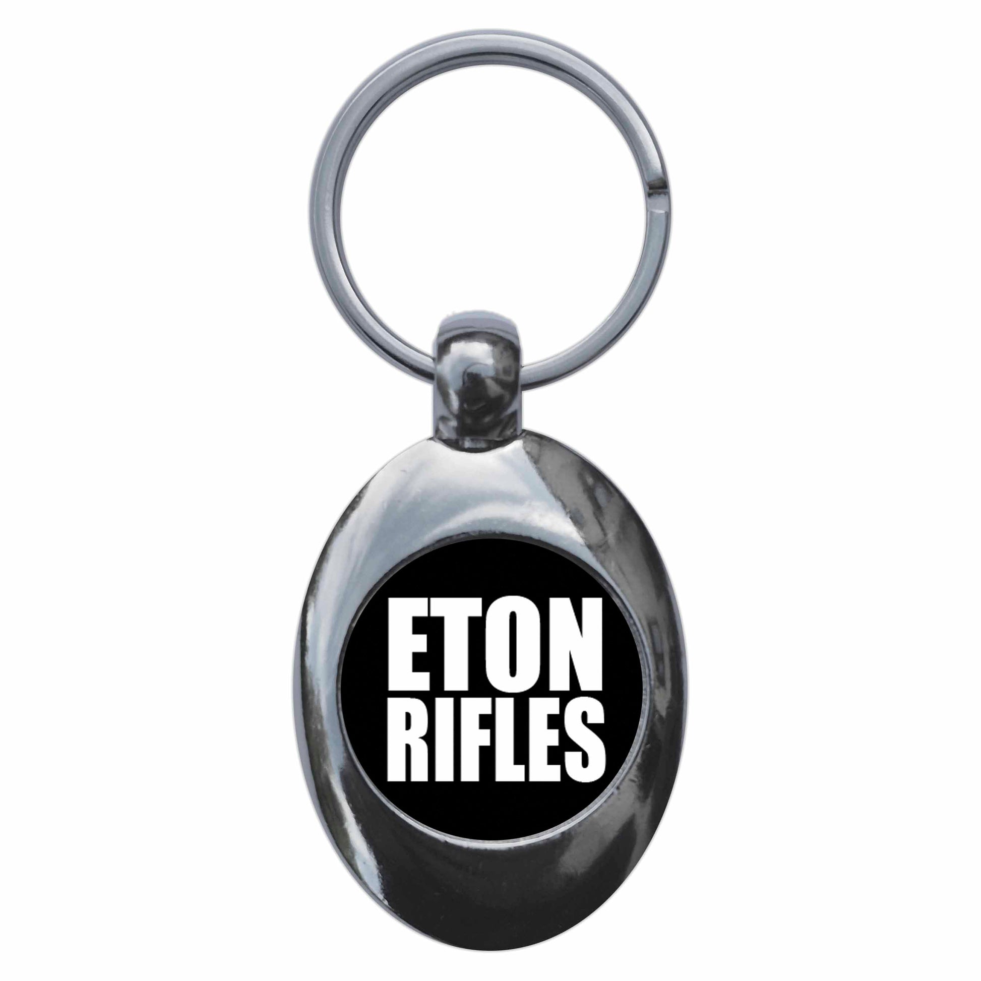 A picture of the front of the product, titled Eton Rifles Mod Metal Keyring With Trolley Coin