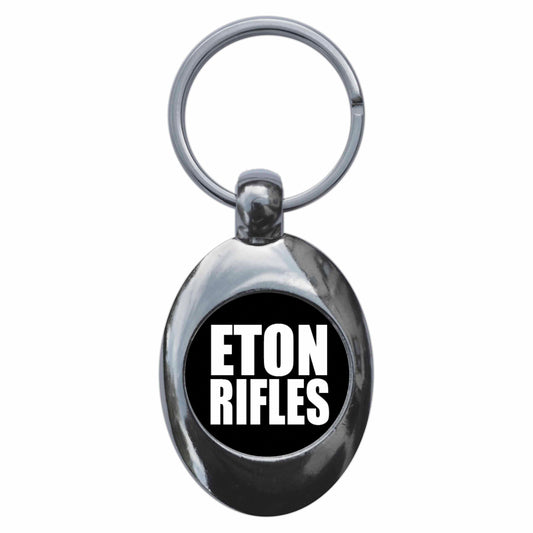 A picture of the front of the product, titled Eton Rifles Mod Metal Keyring With Trolley Coin