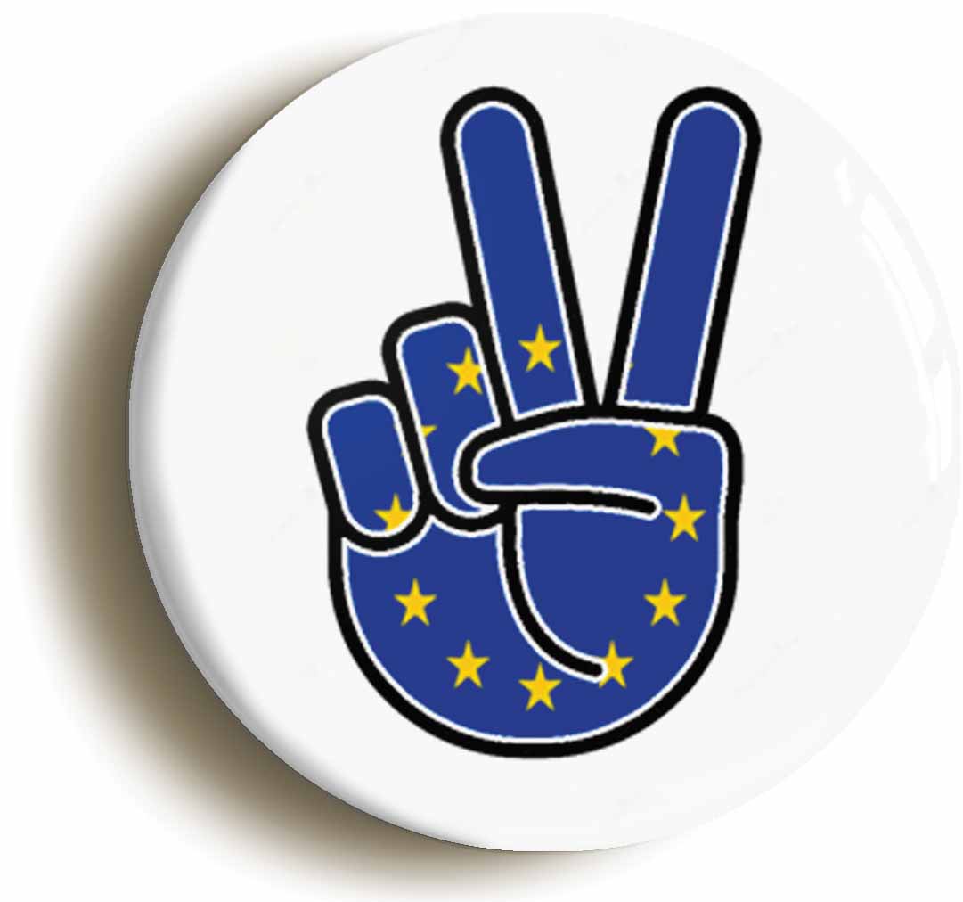 A picture of the front of the product, titled European Union Eu Flag Peace Sign V Button Pin Badge