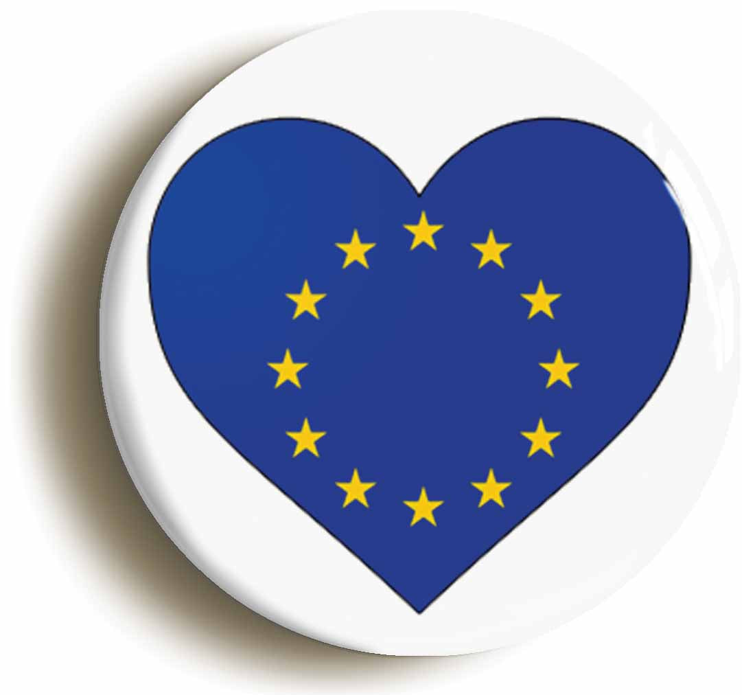 A picture of the front of the product, titled European Union Eu Flag Heart Button Pin Badge
