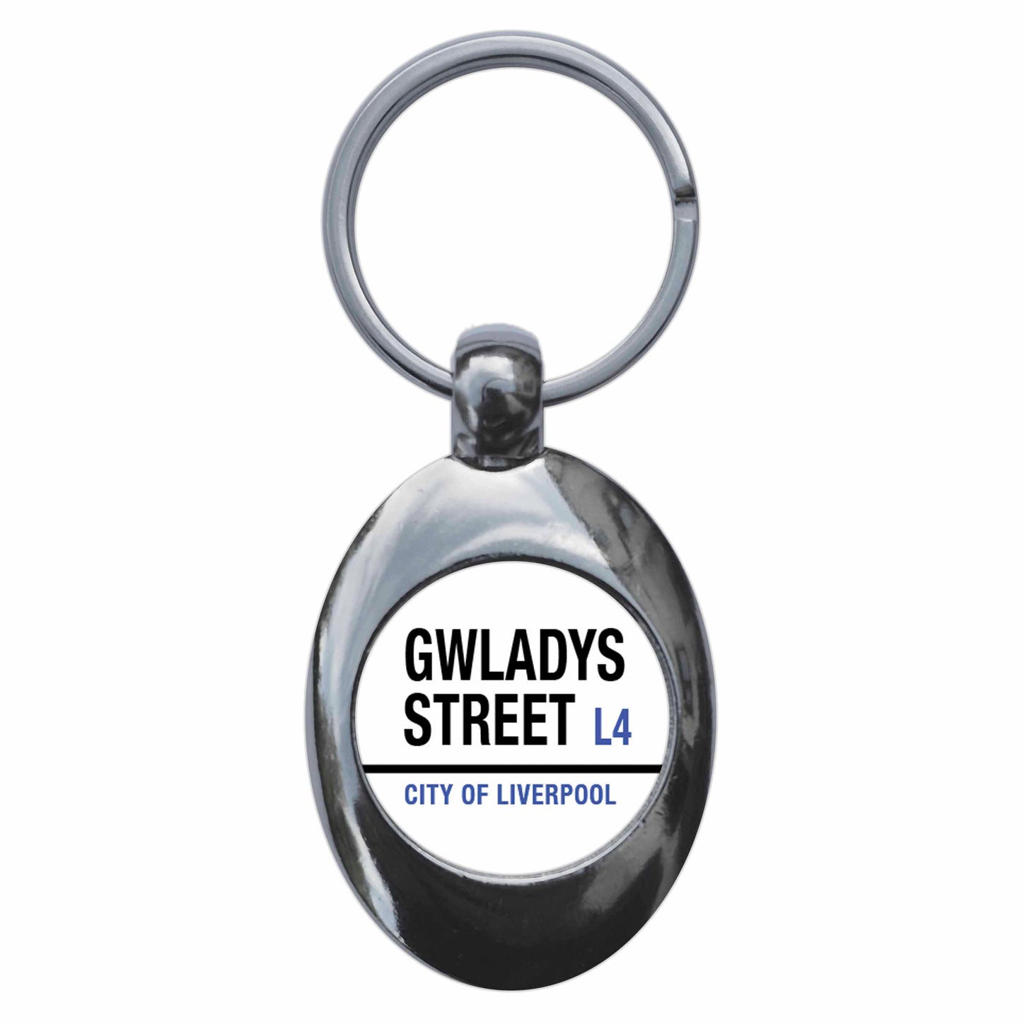 A picture of the front of the product, titled Gwladys Street L4 City Of Liverpool Road Sign Metal Keyring With Trolley Coin