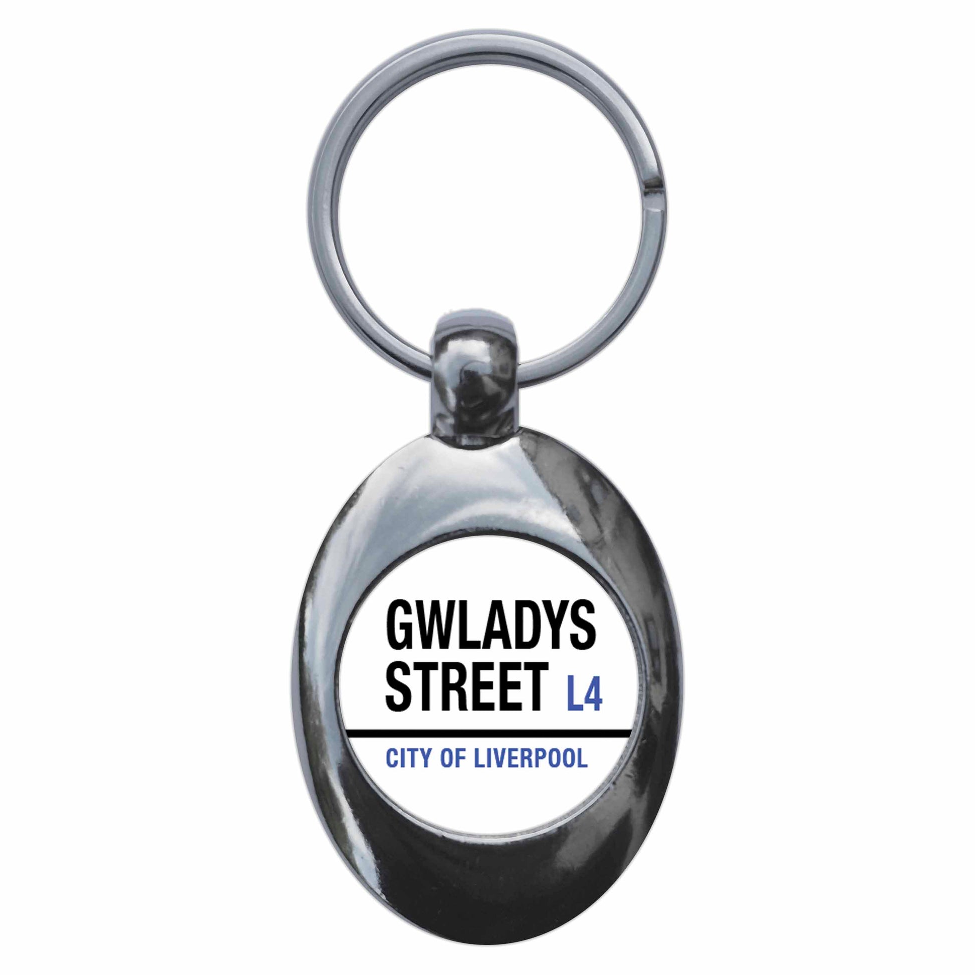 A picture of the front of the product, titled Gwladys Street L4 City Of Liverpool Road Sign Metal Keyring With Trolley Coin