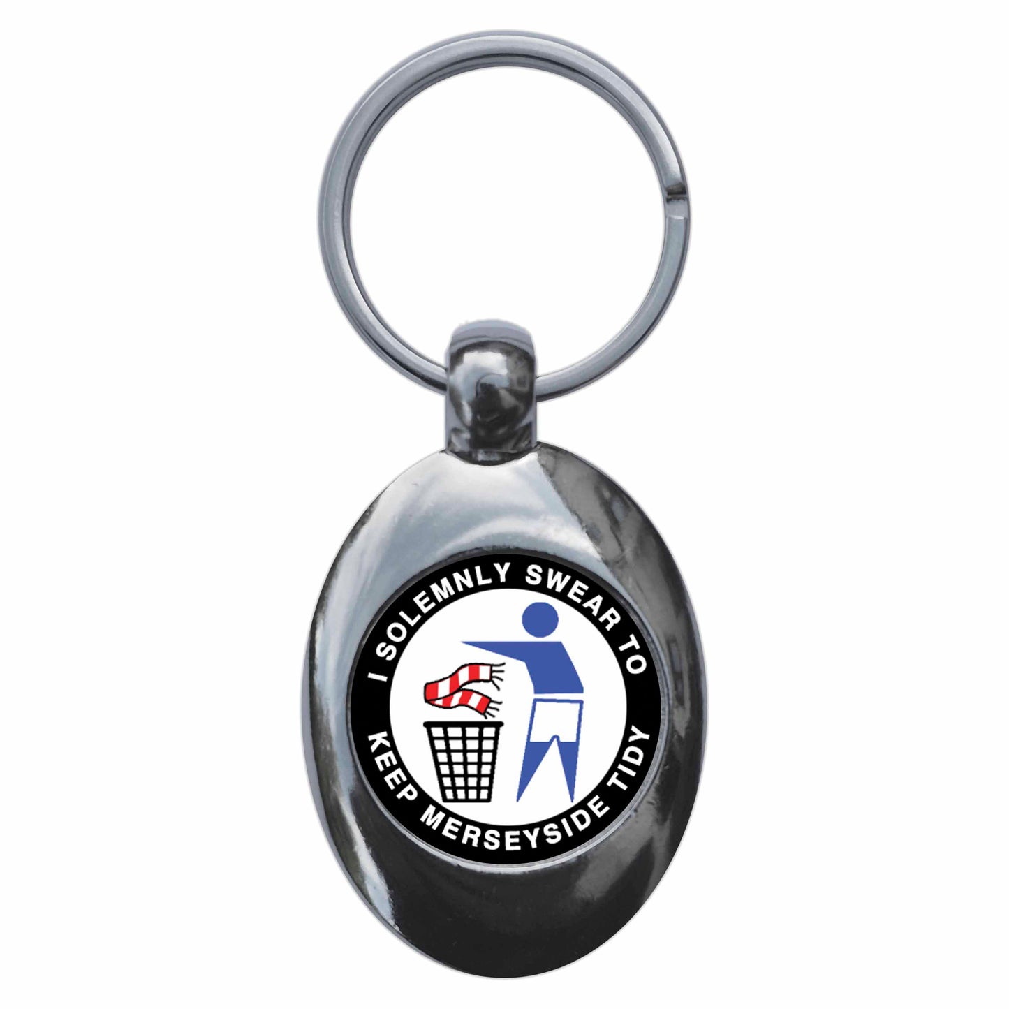 A picture of the front of the product, titled I Solemnly Swear To Keep Merseyside Tiday - E Metal Keyring With Trolley Coin