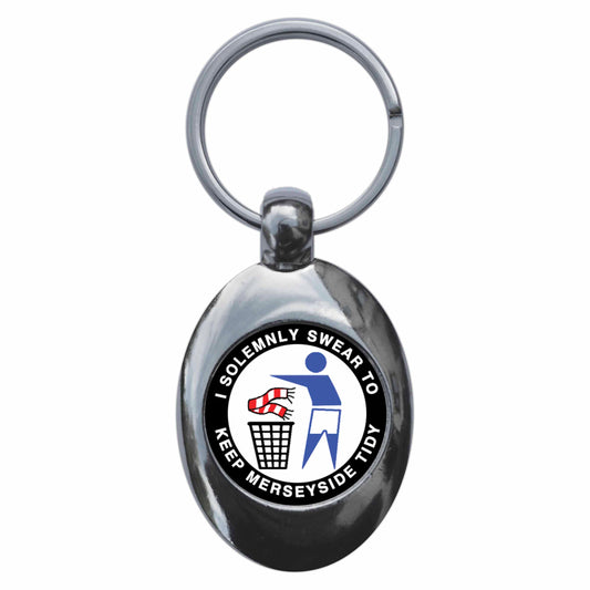 A picture of the front of the product, titled I Solemnly Swear To Keep Merseyside Tiday - E Metal Keyring With Trolley Coin