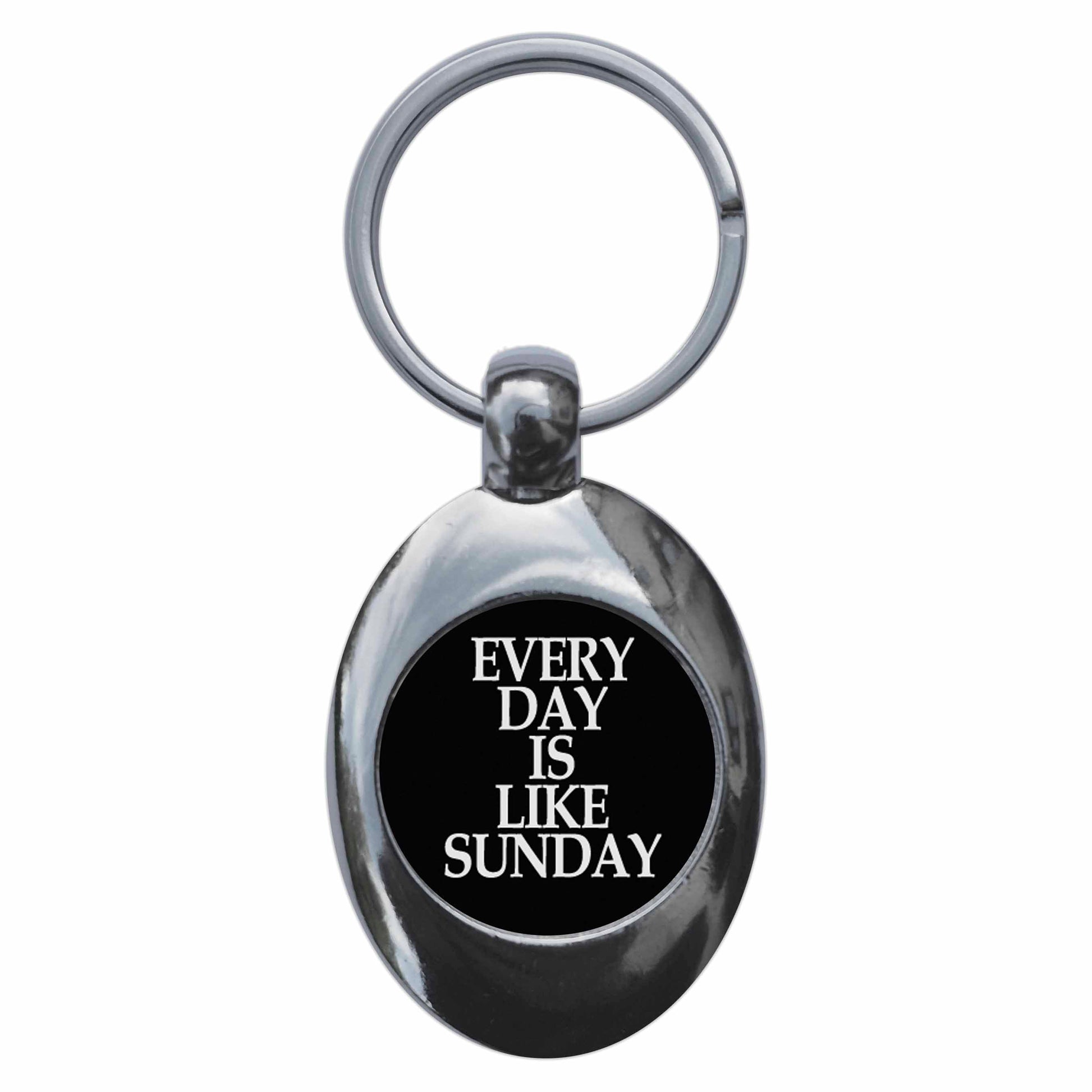A picture of the front of the product, titled Every Day Is Like Sunday Metal Keyring With Trolley Coin