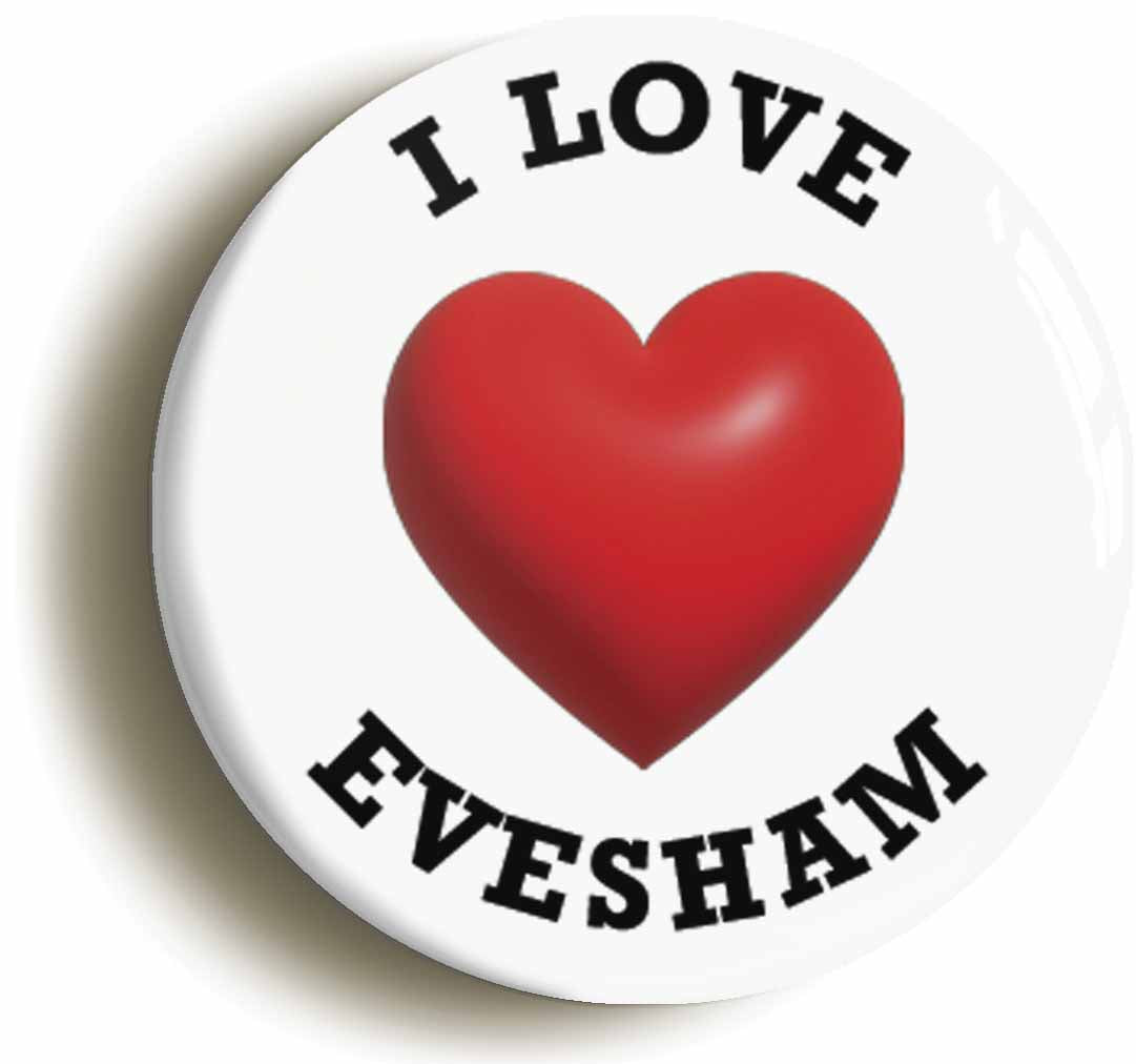 A picture of the front of the product, titled I Heart Love Evesham Location Circular 50mm Fridge Magnet