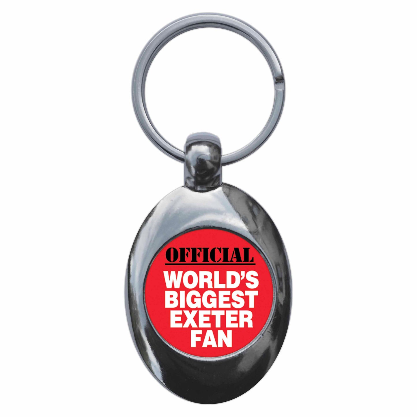 A picture of the front of the product, titled World's Biggest Exeter Fan Metal Keyring With Trolley Coin