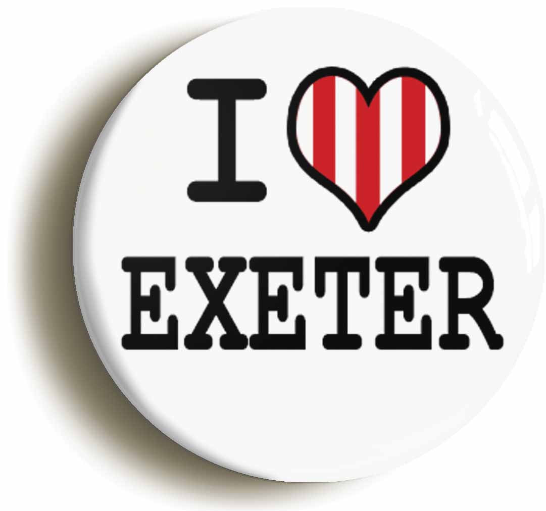 A picture of the front of the product, titled I Heart Love Exeter Button Pin Badge